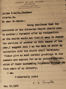 Rev. C.A. Langston Resignation Letter from the Unitarian Church of Atlanta  (Using old letterhead from Church of Our Father)
